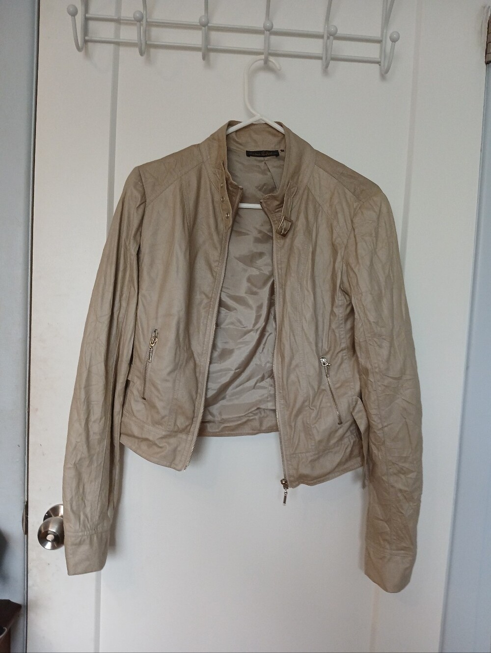 Women's Beige Leather Jacket - Casual Zip Front